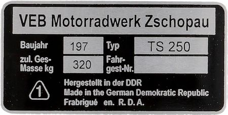Venbo Mz Ts 250 Tabliczka Znamionowa Niemcy 91175
