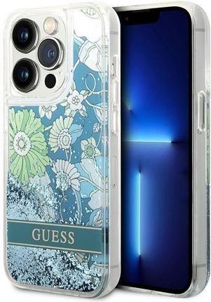 Etui iPhone 14 Pro Guess Hardcase Flower Liquid Glitter Zielone