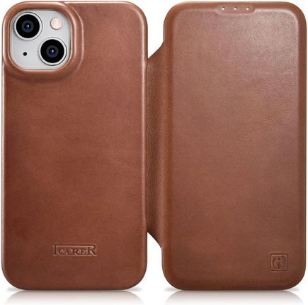 Icarer Ce Oil Wax Premium Leather Folio Case Skórzane Etui iPhone 14 Plus Z Klapką Magnetyczne Magsafe Brązowy Aki14220707-Bn