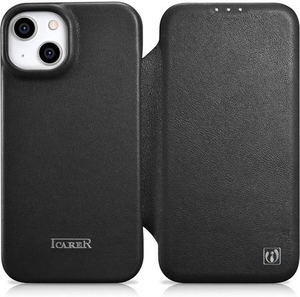 Icarer Ce Premium Leather Folio Case Skórzane Etui iPhone 14 Z Klapką Magnetyczne Magsafe Czarny Wmi14220713-Bk