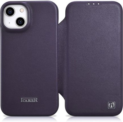 Icarer Ce Premium Leather Folio Case Skórzane Etui iPhone 14 Z Klapką Magnetyczne Magsafe Ciemnofioletowy Wmi14220713-Dp