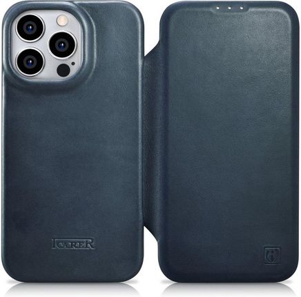 Icarer Ce Oil Wax Premium Leather Folio Case Skórzane Etui iPhone 14 Pro Max Z Klapką Magnetyczne Magsafe Niebieski Aki14220708