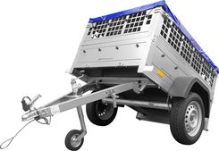 UNITRAILER Mini przyczepka samochodowa GARDEN TRAILER 150 KIPP z kołem podporowym, burtami siatkowymi i pokrowcem płaskim niebieskim