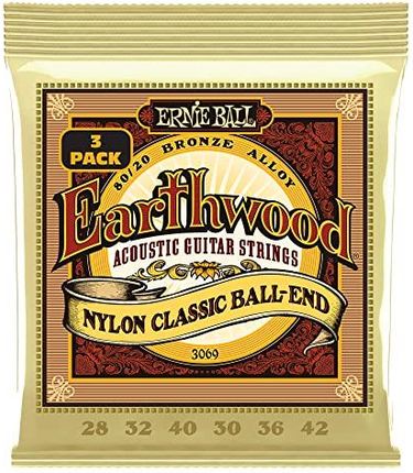 Ernie Ball Earthwood folk nylon, przezroczysty i złoty z kulkowym zakończeniem, struny do gitary akustycznej 80/20, 3-pak - 28-42 wskaźniki