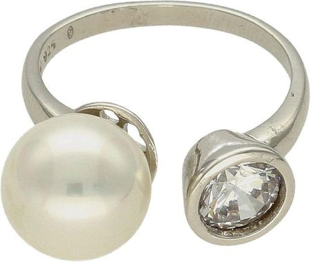Diament Srebrny pierścionek damski z dużą perłą i cyrkonią