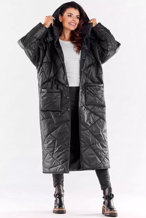 Długi pikowany płaszcz damski we wzór (Czarny, L/XL)