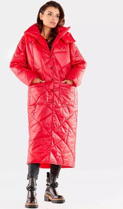 Długi pikowany płaszcz damski we wzór (Czerwony, S/M)