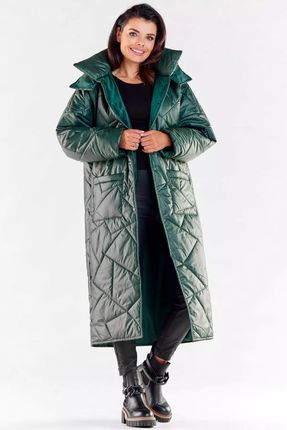 Długi pikowany płaszcz damski we wzór (Zielony, S/M)