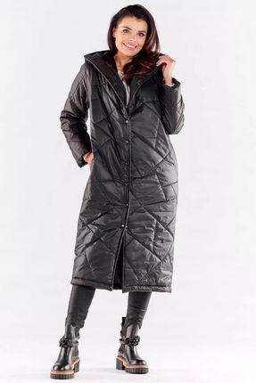 Długi płaszcz damski z pikowaniem i kapturem (Czarny, L/XL)