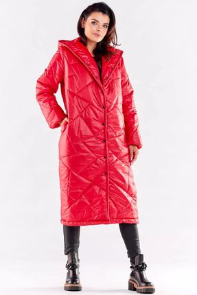 Długi płaszcz damski z pikowaniem i kapturem (Czerwony, S/M)