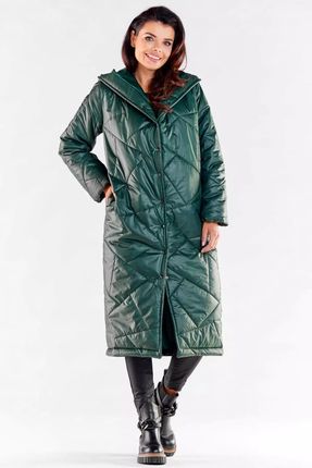 Długi płaszcz damski z pikowaniem i kapturem (Zielony, L/XL)
