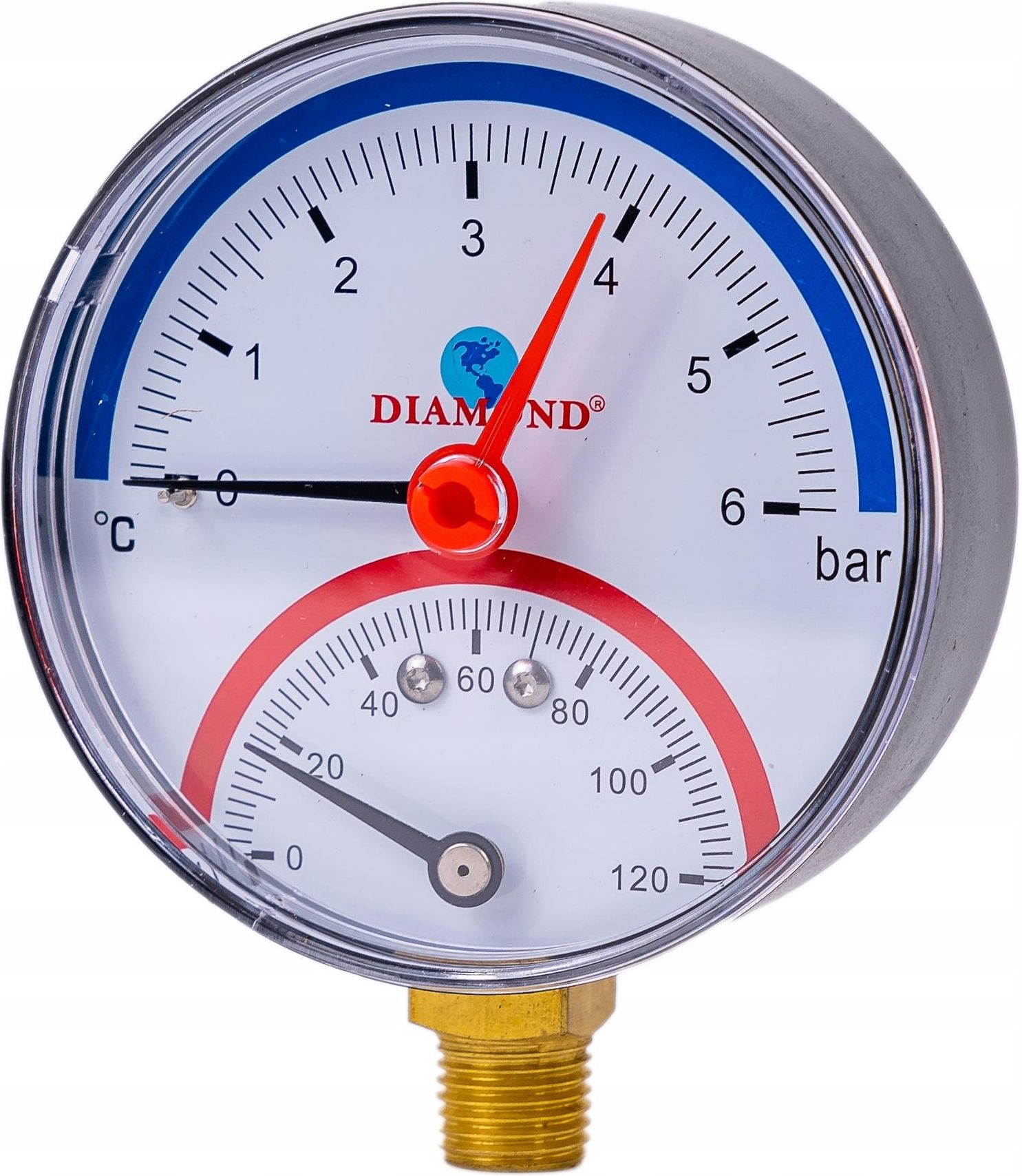 Thermo-manomètre Radial 80 - 4 bar - 1/2 - Graduation du thermomètre de 0°C