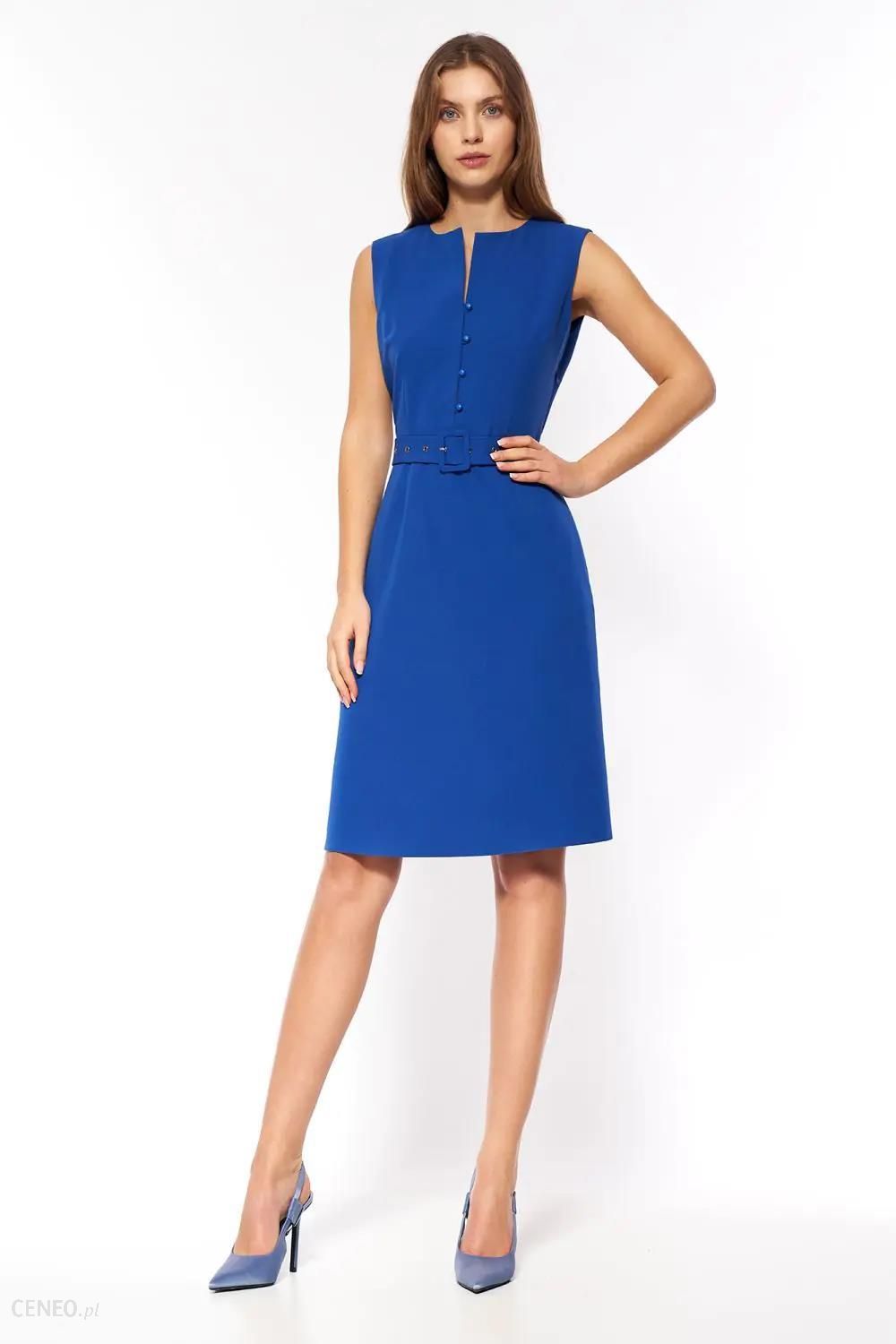 Chabrowa elegancka sukienka bez rękawów - S200 (Kolor niebieski, Rozmiar L  (40)) - Ceny i opinie 