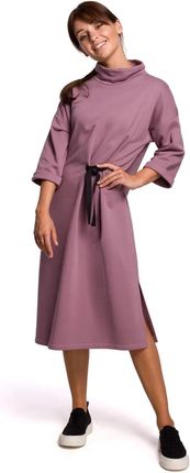 B181 Sukienka midi z ozdobnym wiązaniem - wrzosowa (Kolor wrzos, Rozmiar S/M)