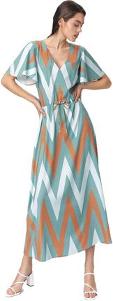 Turkusowa sukienka maxi z rozkloszowanymi rękawami - zygzak - S141 (Kolor wzorzysty, Rozmiar XS (34))