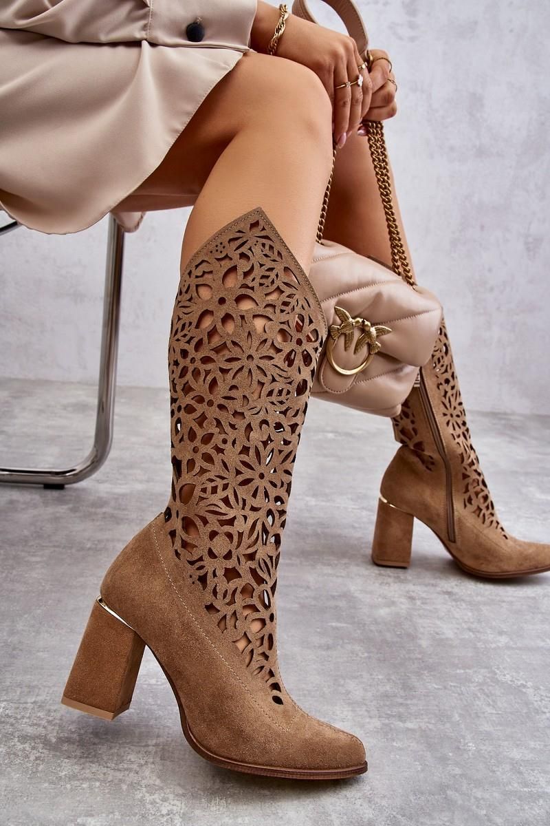 Zamszowe Ażurowe Kozaki Lewski Shoes 3234 Ciemnobeżowe