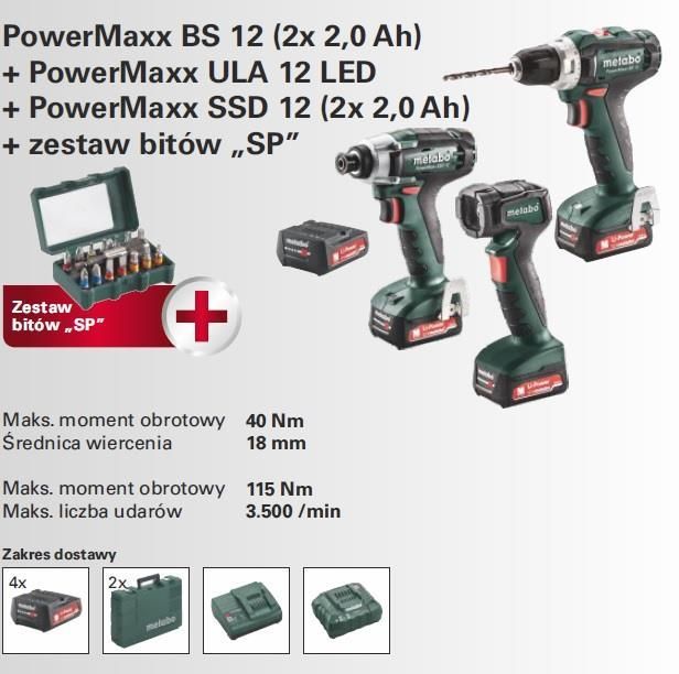 Metabo Zestaw Powermaxx Bs 12 + Ssd 12 + Ula 12 Led + Bity Sp 15 ...