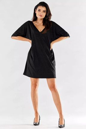 Oversizowa sukienka z błyszczącej tkaniny z dekoltem w serek (Czarny, Uniwersalny)