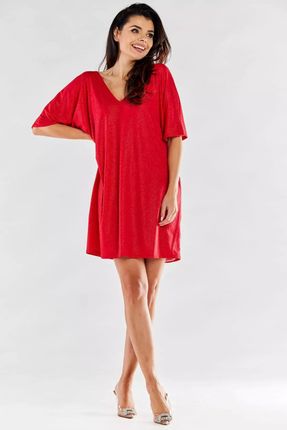 Oversizowa sukienka z błyszczącej tkaniny z dekoltem w serek (Czerwony, Uniwersalny)
