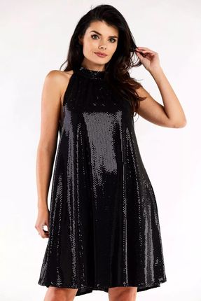 Błyszcząca sukienka mini z dekoltem halter i stójką (Czarny, L/XL)