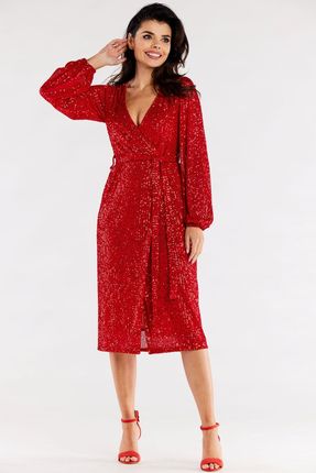 Wieczorowa sukienka midi z kopertowym dekoltem w cekiny (Czerwony, S)