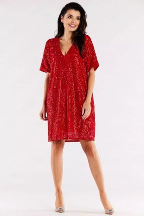 Cekinowa sukienka oversize z dekoltem V (Czerwony, Uniwersalny)