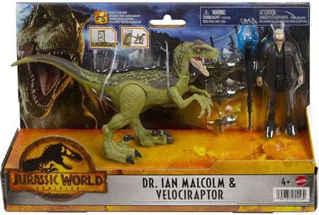 Mattel Jurassic World Dinozaur + Figurka Dr. Ian Malcolm & Velociraptor HGP77