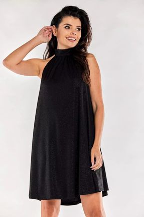 Błyszcząca trapezowa sukienka z dekoltem halter (Czarny, S/M)