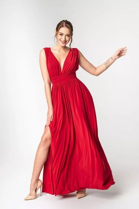 Zwiewna sukienka maxi z rozkloszowanym dołem (Czerwony, M/L)