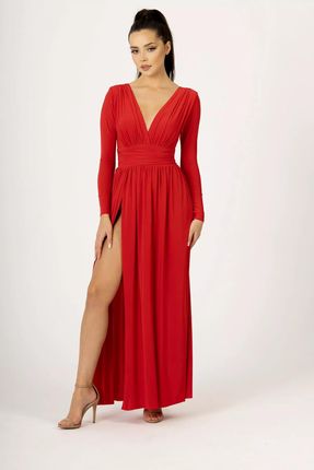 Zjawiskowa sukienka maxi z pasem podkreślającym talię (Czerwony, M/L)
