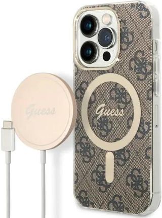 Zestaw Guess Gubpp14Xh4Eacsw Case+ Charger Iphone 14 Pro Max 6,7" Brązowy/Brown Hard Case 4G Print Magsafe