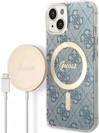 Zestaw Guess Gubpp14Sh4Eacsb Case+ Charger Iphone 14 6,1" Niebieski/Blue Hard Case 4G Print Magsafe