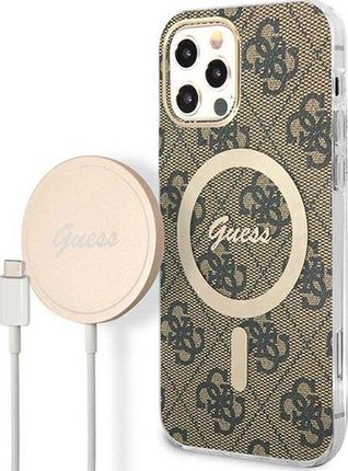 Guess Bundle Pack Magsafe 4G - Zestaw Etui + Ładowarka Iphone 12 / Pro (Brązowy/Złoty)