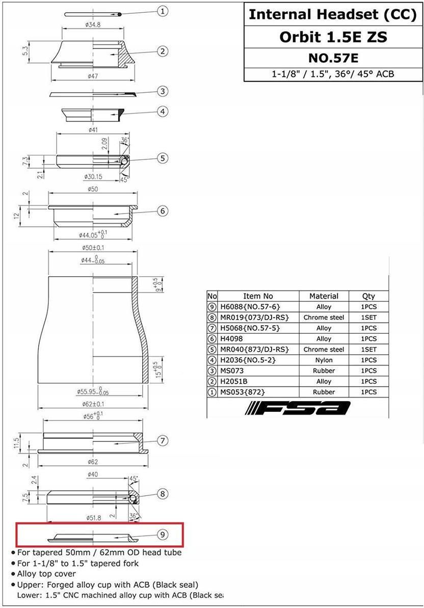 Jeu De Direction FSA Orbit No.57 Pour Fourche Conique 1.5" - Tasse Conique Intégrée 50/62 Mm, Roulements Scellés - Pour VTT, Vélo Gravel