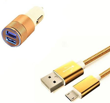 Ładowarka Samochodowa Do Smartfona Wiko Y80 Kabel Micro Usb Metal Nylon Podwójny Adapter Zapalniczki Samochodowej (Złoty)