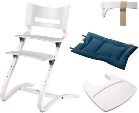 Leander Krzesełko Do Karmienia Classic Białe + Barierka Tacka Poduszka Dark Blue