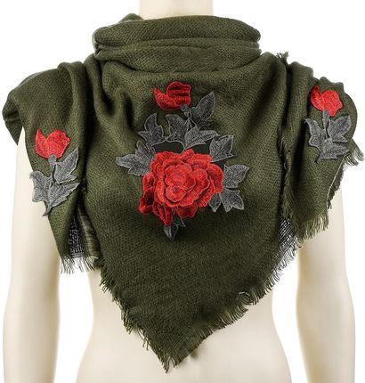 Khaki ciepła chusta damska szal z wyszywaną różą duża Q80