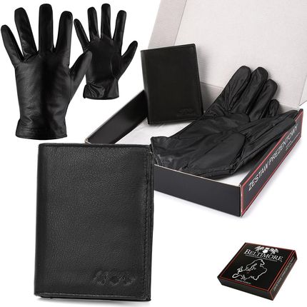 Zestaw męski skórzany portfel poziomy rękawiczki czarne Beltimore T90