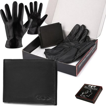 Zestaw męski skórzany portfel poziomy rękawiczki czarne Beltimore T86