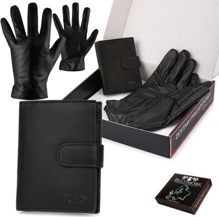 Zestaw męski skórzany portfel pionowy rękawiczki czarne Beltimore T91