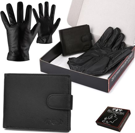 Zestaw męski skórzany portfel poziomy rękawiczki czarne Beltimore T89