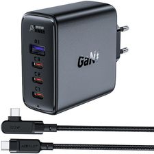 Acefast szybka ładowarka sieciowa GaN 3xUSB-C/1xUSB-A 100W czarna + kabel kątowy USB-C - USB-C 100W 2m czarny