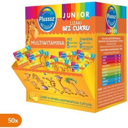 Polski Lek Plusssz Junior Multiwitamina Lizaki Bez Cukru Smak Pomarańczowo-Cytrynowy 50szt.