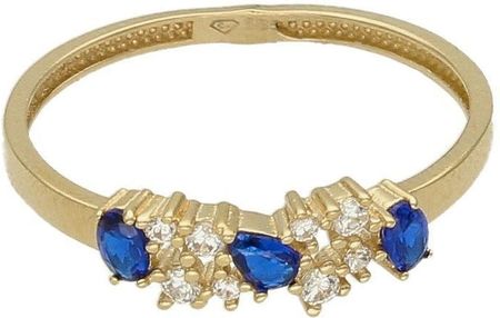 Diament Złoty pierścionek 585 z białymi i niebieskimi cyrkoniami