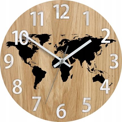 Modernclock Zegar Na Ścianę Ultra Cichy Drewniany Dębowy Mapa