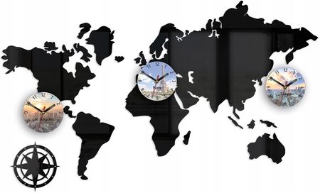 Modernclock Zegar Ścienny Mapa Świata 3 Strefy Czasowe Cichy (Mapa100X56)