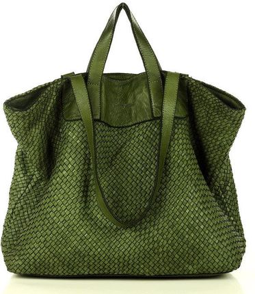 Torba damska pleciona shopper & shoulder leather bag - MARCO MAZZINI zielony militare