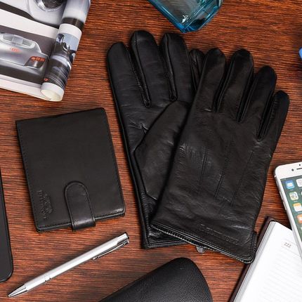 Zestaw męski skórzany portfel poziomy rękawiczki czarne Beltimore T84