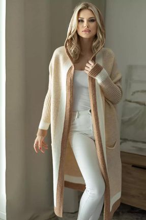 Długi sweter z kapturem i kolorową lamówką (Beżowy, Uniwersalny)
