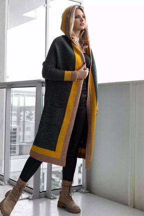 Długi sweter z kapturem i kolorową lamówką (Khaki, Uniwersalny)
